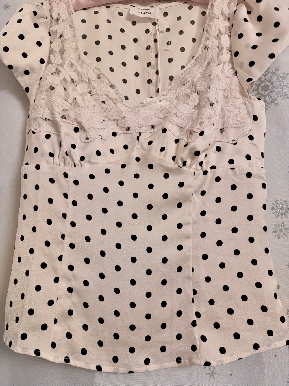 Peach Love California White Polka Dot Lace-Trim Blouse